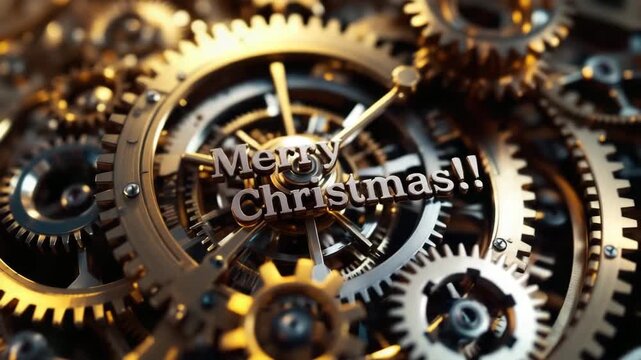 Merry Christmas text inside elegant clockwork gears animation