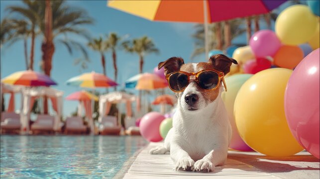 Chillin' poolside vibes with this cool dog! A Jack Russell Terrier rocks sunglasses next to colorful balloons and umbrellas for the paw-fect summer day! #SummerVibes