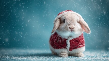 A cute bunny in a festive outfit braves the snowy weather. Its soft fur and adorable face bring warmth to the winter scene, creating a heartwarming image. #WinterBunny