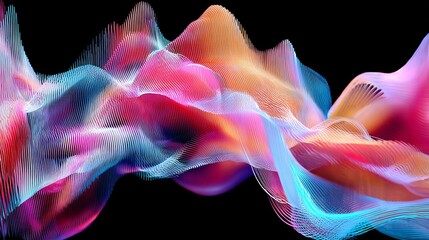Dynamic abstract waveform with vibrant neon colors flowing through a dark void, creating an energetic, futuristic visual experience for modern design.
