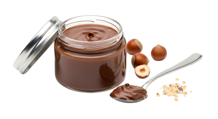 Delicious hazelnut spread in a jar, accompanied by hazelnuts and a spoon with spread, creating an inviting composition