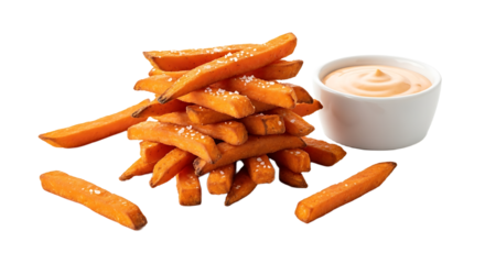 Pile of sweet potato fries with dipping sauce delicious and healthy snack or side dish option for any meal