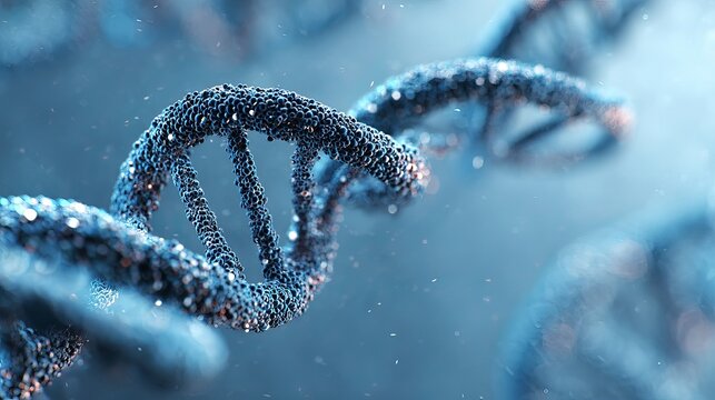 Stunning 3D rendering of a blue DNA helix pulsating with microscopic particles, symbolizing genetic research, biotechnology, and life sciences.