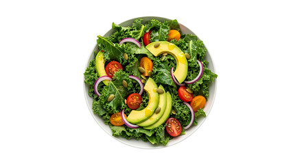 Overhead shot of a vibrant kale salad, featuring fresh avocado, cherry tomatoes, red onion, and pumpkin seeds