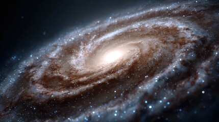 Spiral galaxy with luminous core surrounded by swirling arms made of dust, gas, and countless stars. The vibrant celestial scene features blue and white glowing points against a dark expanse