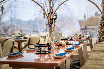 Rustic winter wonderland, festive decor at a restaurant in Zurich, Switzerland