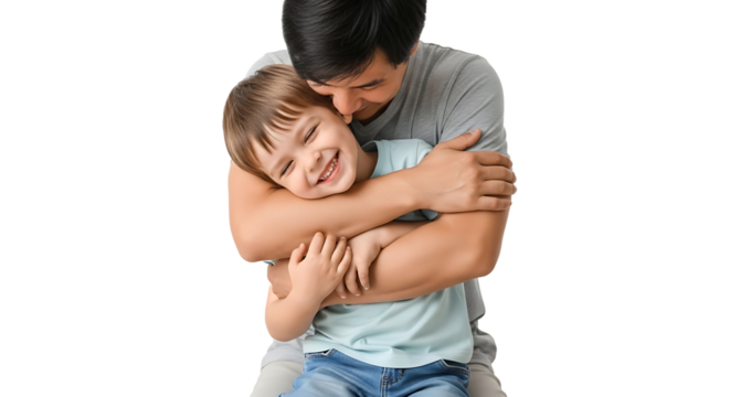 Loving father embracing his adorable little son, showcasing a heartwarming moment of familial affection and connection
