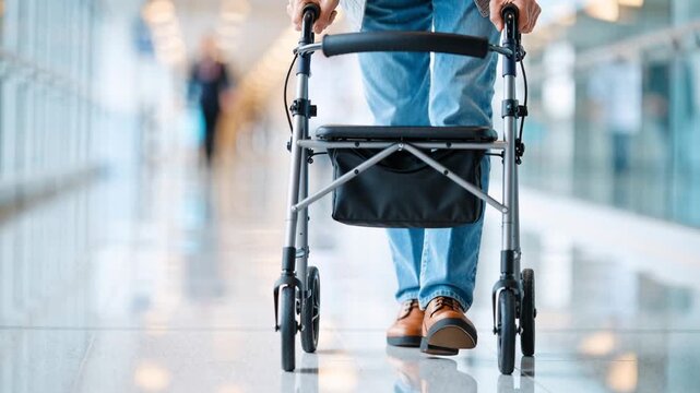 close-up of senior using a rollator walker for support while walking through a bright indoor corridor, showing mobility assistance