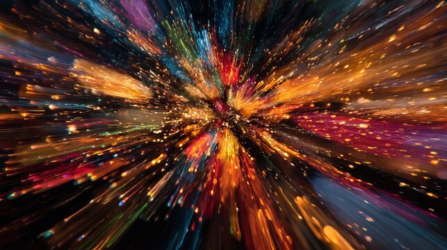 Dynamic explosion of vibrant colorful light trails and sparks creating a sense of speed, energy, and futuristic motion perfect for technology and celebration themes