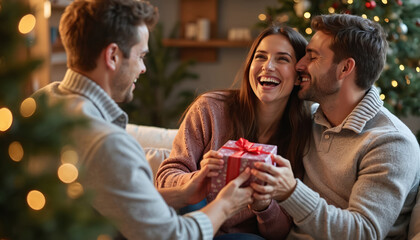 Happy friends exchange presents during winter holidays indoors. One man gives gift to joyful, laughing woman. Partner affectionately kisses cheek. Cheerful couple enjoys festive Christmas time