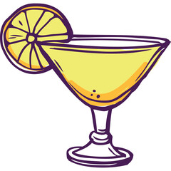 Yellow Cocktail Drink with Lemon Slice Garnish and Purple Outline on Transparent Background