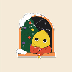 Cute winter illustration of lemon in sweater looking from snowy window. Decorated Christmas tree on the background. Holiday sticker pack.