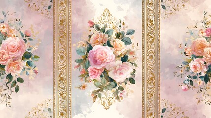 intricate art nouveau pattern filled with roses, vines, and decorative gold borders, elegant symmetry, soft watercolor background, pastel luxury design, 