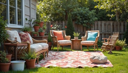 Outdoor living space features wicker furniture on a patterned rug. Green grass surrounds seating arrangement with cushions. Backyard with plants and garden setting on a sunny day.