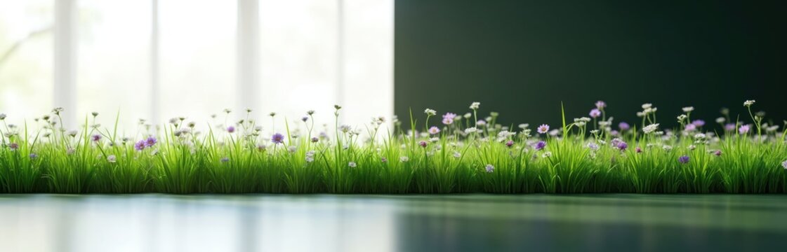 Green grass field with small white, purple wildflowers grows near window. Soft light fills scene. Nature blooms, fresh plants emerge, creating peaceful, natural setting. Spring growth abounds, wild