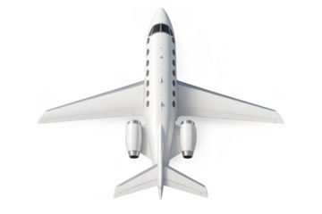 White private jet aircraft flying, luxury business travel, isolated on transparent background, top view