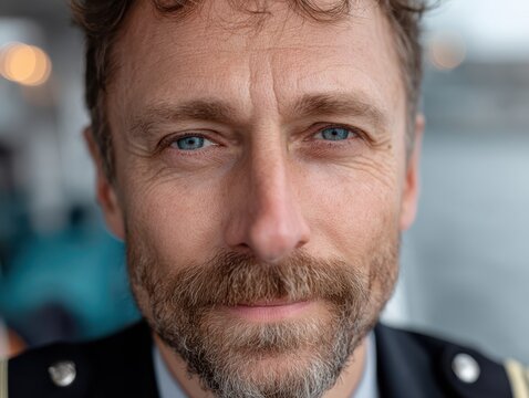 Curly-haired middle-aged man with blue eyes and a trimmed beard, wearing a dark jacket and shirt, slightly smiling, soft blurred background with warm light, close-up portrait shot
