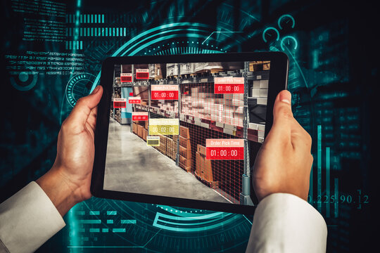 Smart warehouse management system using augmented reality technology to identify package picking and delivery . Future concept of supply chain and logistic business .