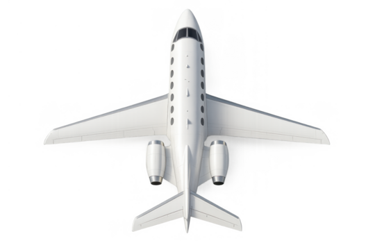 White private jet aircraft flying, luxury business travel, isolated on transparent background, top view