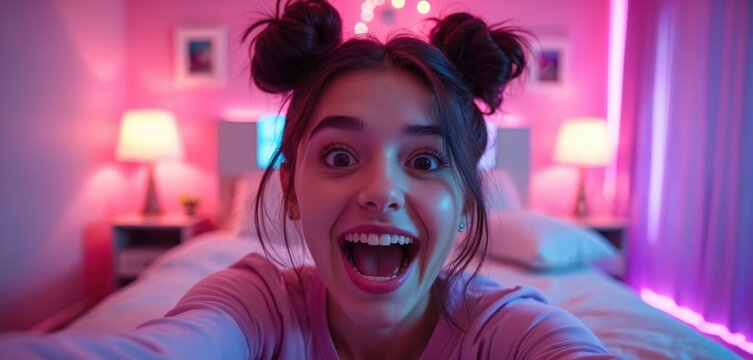Young woman takes selfie in neon bedroom. Content creator waves hello during live streaming update. Excited gamer shares virtual post with followers on mobile phone. Bright lights create fun