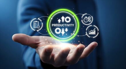 Productivity Business Efficiency Concept Male Hand Green Icon Copy Space