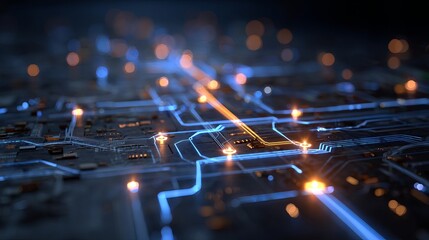 Dynamic digital circuit board with glowing neon blue and orange light trails, representing futuristic technology and data flow