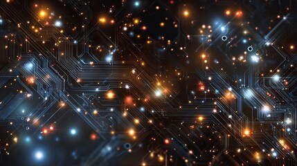 Dynamic circuit board patterns glow with vibrant energy, representing complex data flow and futuristic innovation in a digital network.