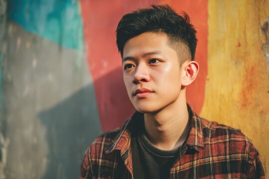 Young man with short hair wearing a plaid shirt, standing against a colorful wall, looking thoughtfully into the distance with soft, natural lighting illuminating his face