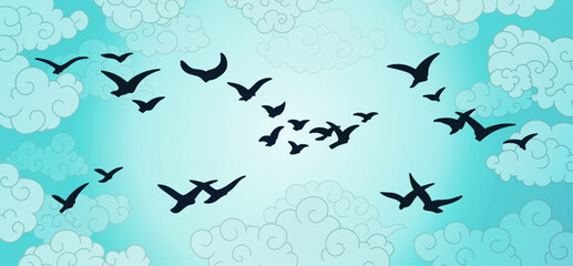 Flock of Flying Birds Soaring Through Sky, Wildlife Freedom Grace Nature and Unity. Vector Panoramic Banner Illustration of Dove Migration, Clean Ornamental Asian Cartoon Clouds