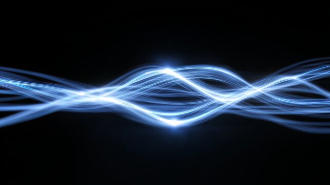 Dynamic blue light trails create an energetic, abstract wave pattern against a deep black background, evoking motion and technology