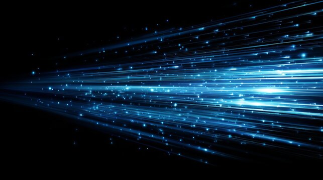 Dynamic streaks of vibrant blue light with glowing particles zoom forward against a dark backdrop, symbolizing speed and futuristic innovation.