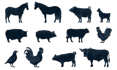 A diverse collection of black farm animal silhouettes.