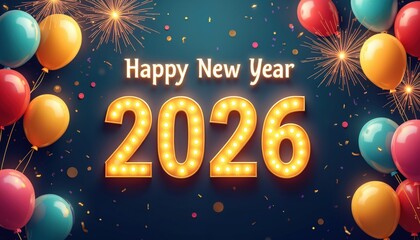 Celebrate New Year 2026 with glowing numbers, festive balloons, and sparkling fireworks. Bright lights and confetti create a joyous atmosphere for holiday greetings.