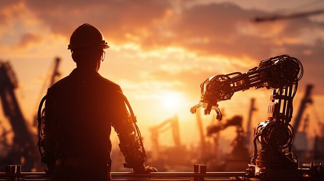 A futuristic construction worker oversees robotic arm operations, set against a vibrant sunset. Advanced technology meets industrial progress. #ConstructionTech #Robotics