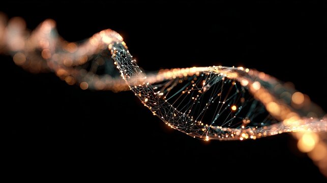 Dynamic glowing DNA helix structure with interconnected nodes and luminous particles, symbolizing genetic code, science, and digital innovation.