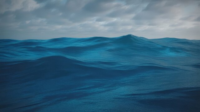 A photorealistic oblique view of an intensely turbulent deep blue ocean with gentle rolling waves and subtle white foam crests