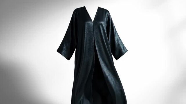 A fashion design sketch transforms into a realistic 3D garment. This elegant dark robe features a V-neck and flowing silhouette.