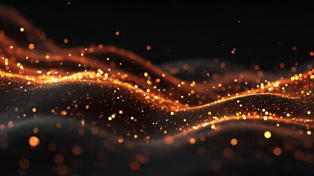 Mesmerizing golden particles dance across a dark, undulating wave, creating a magical, ethereal bokeh glow perfect for celebrations or futuristic concepts.