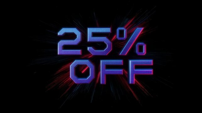 Twenty five percent off sign on black background. Discount promotion for sales and marketing campaign. Special offer for retail business.