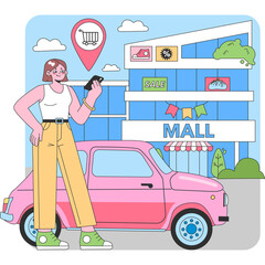 Young Woman Holding Smartphone Standing Next to Pink Car Outside Modern Mall Building with Sale Banners and Cloud Decorations in Daylight