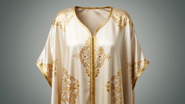 A beautiful cream kaftan with golden embroidery materializes. This elegant garment showcases traditional Middle Eastern fashion.