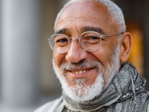 Elderly gentleman with glasses, white beard, and gray hair, smiling warmly. He wears a patterned scarf, exuding a sense of wisdom and friendliness. Subtle blurred backdrop enhances focus - Powered by Adobe