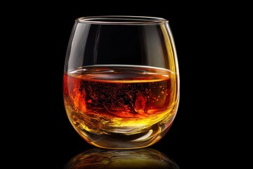 A clear glass filled with amber liquid reflecting light. The surface features small bubbles, indicating a recently poured drink. The background is solid black, enhancing the glass's vibrance
