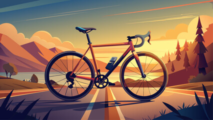 Fototapeta premium Very beautiful road bike parked on a scenic road at sunset, featuring warm golden light, long soft shadows, and a realistic peaceful landscape with ample copy space in the background.