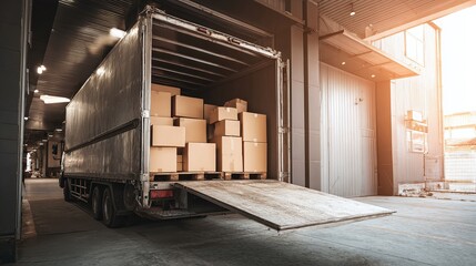 Truck filled with cardboard boxes delivering packages at a warehouse, open door, delivery process, logistics solutions, secure and timely delivery services, truck inside warehouse