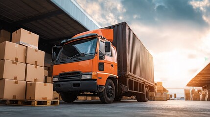 Efficient logistics in action. This photo captures the transport of goods via a truck in a bustling warehouse. Boxes stacked high, ready for distribution across the country.