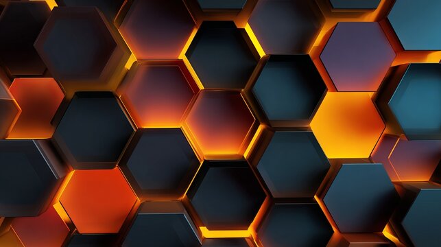 Dynamic abstract honeycomb pattern with glowing orange and blue hexagonal cells creating a futuristic technological background for modern design projects