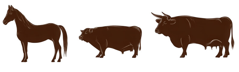 Brown silhouettes of horse bull and cow farm animals.