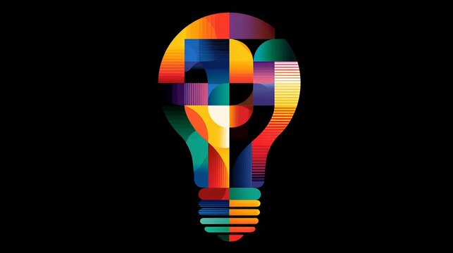 Vibrant abstract lightbulb design bursts with colorful geometric shapes symbolizing innovative ideas and creative inspiration, perfect for business and technology concepts.