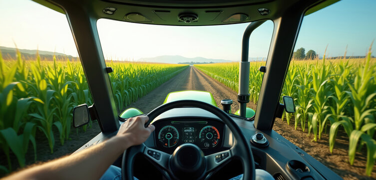 Autonomous tractor drives through corn field. Driverless farming vehicle operates on dirt road. Modern smart agriculture technology. Person hand on steering wheel. Green crops grow on both sides.